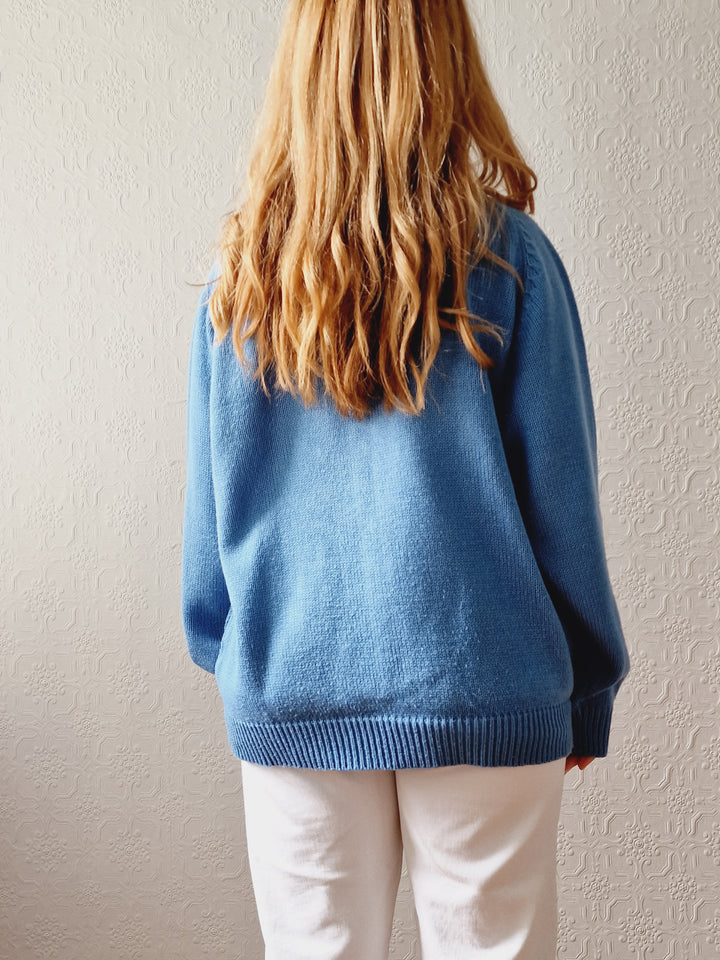 Vintage 90s Light Blue Aran Style Cable Knit Jumper with Crew Neck - L/XL