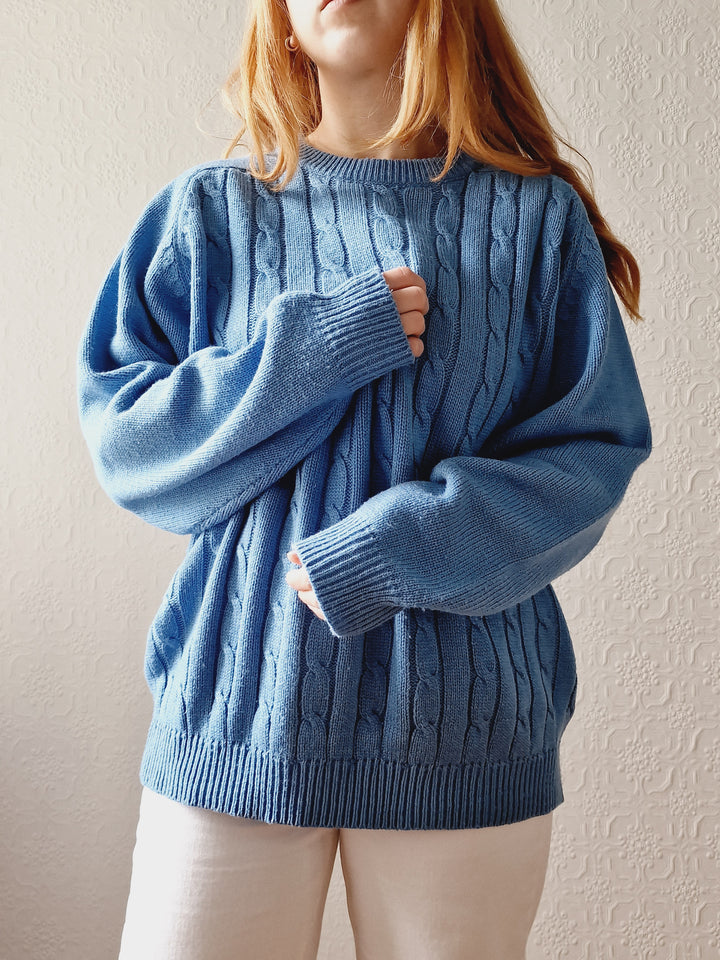 Vintage 90s Light Blue Aran Style Cable Knit Jumper with Crew Neck - L/XL