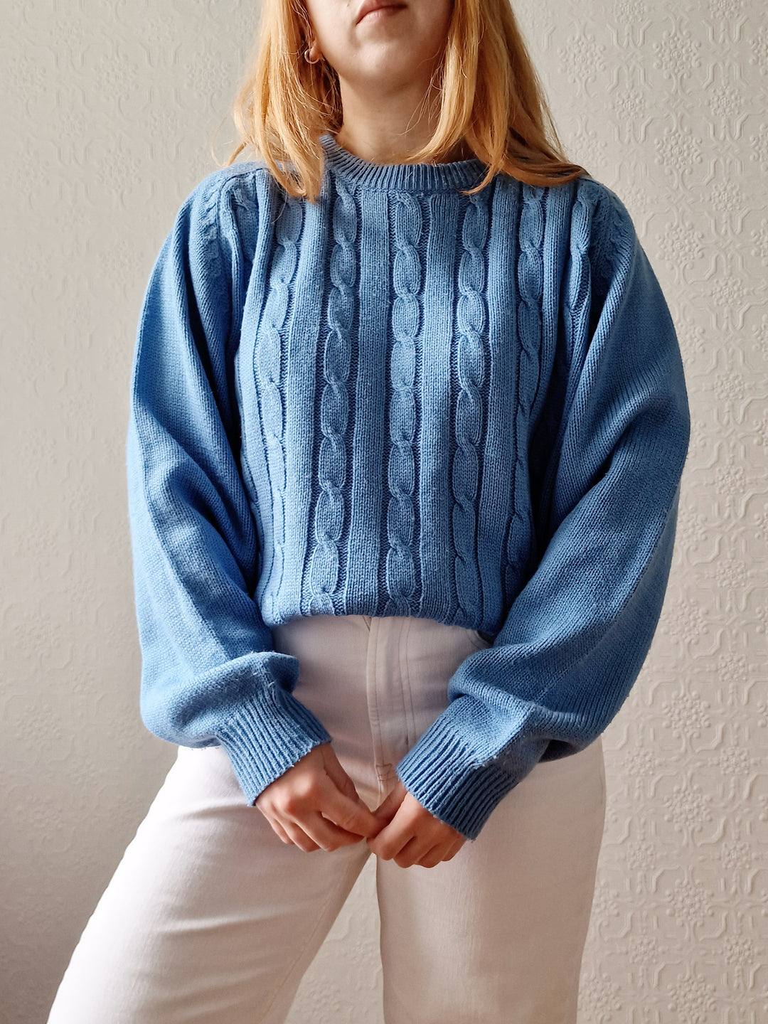 Vintage 90s Light Blue Aran Style Cable Knit Jumper with Crew Neck - L/XL