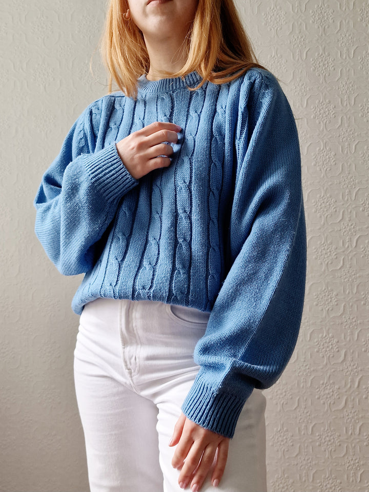 Vintage 90s Light Blue Aran Style Cable Knit Jumper with Crew Neck - L/XL