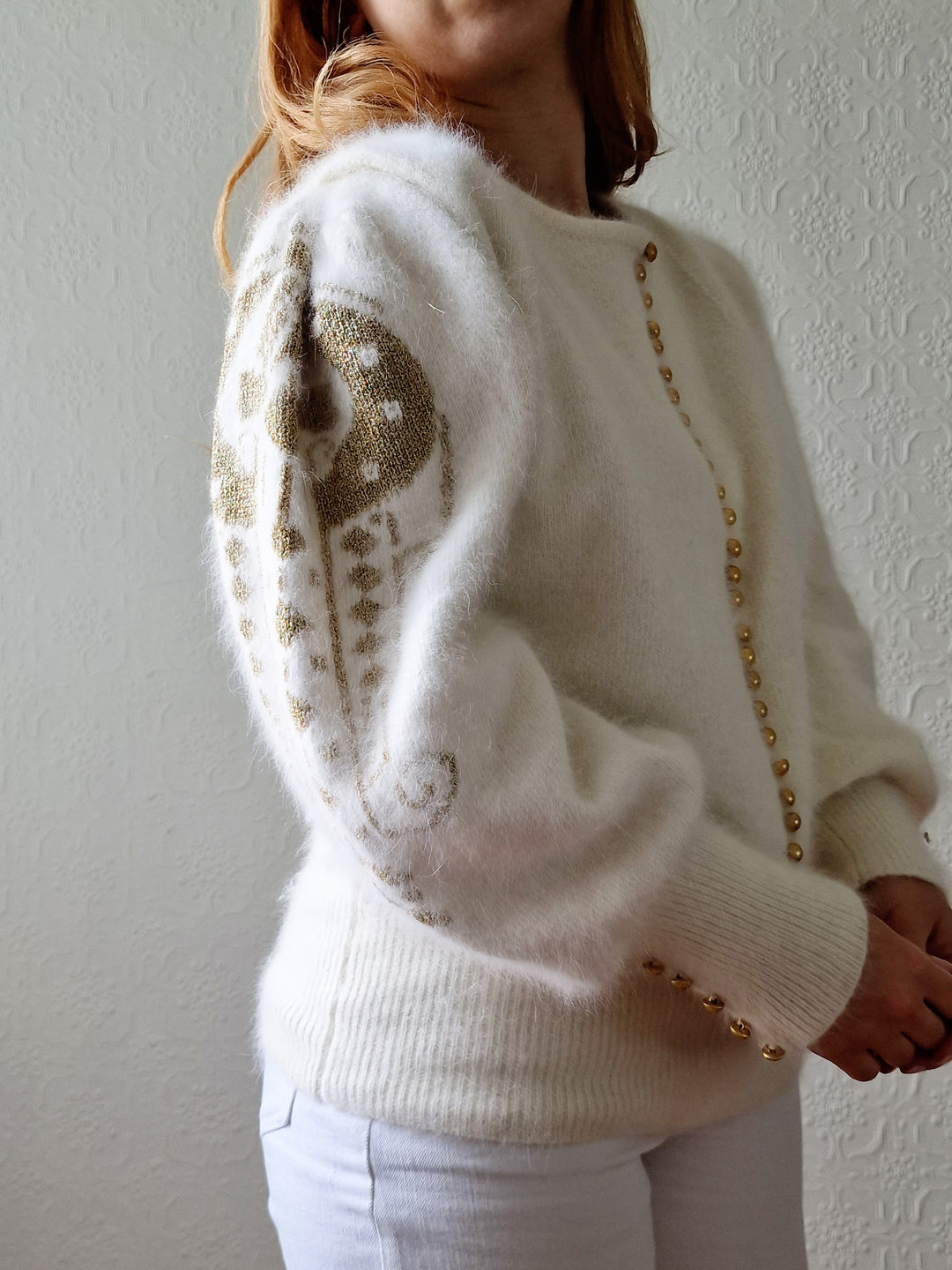 Vintage 80s Cream Angora Jumper with Gold Details - L