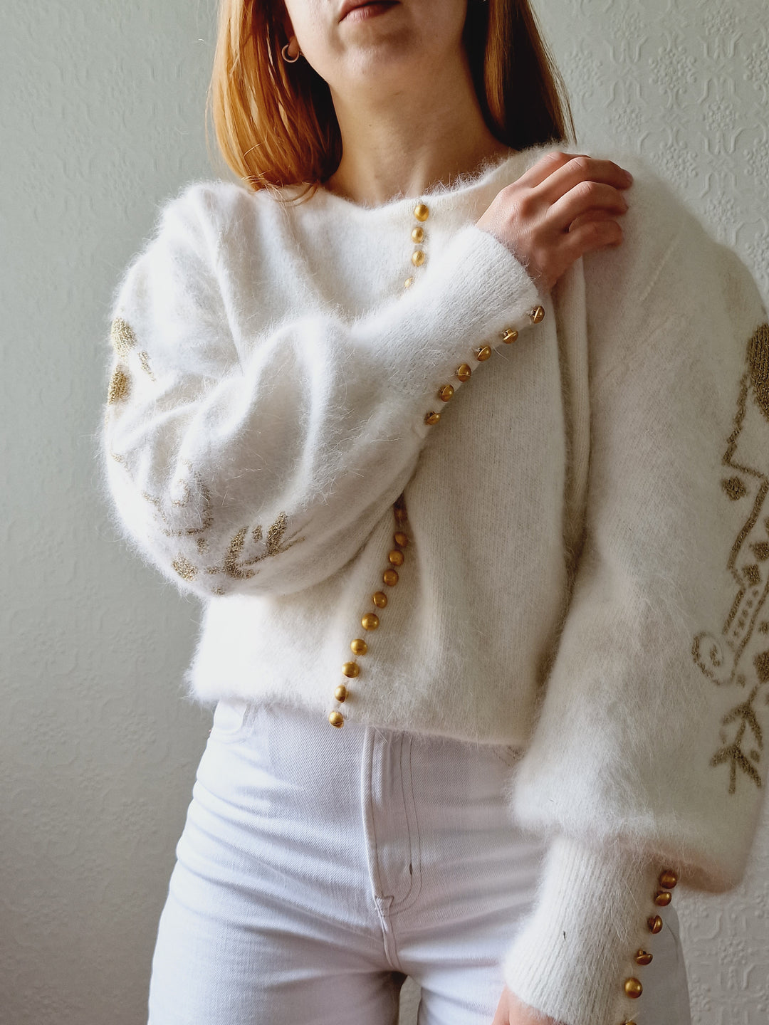 Vintage 80s Cream Angora Jumper with Gold Details - L