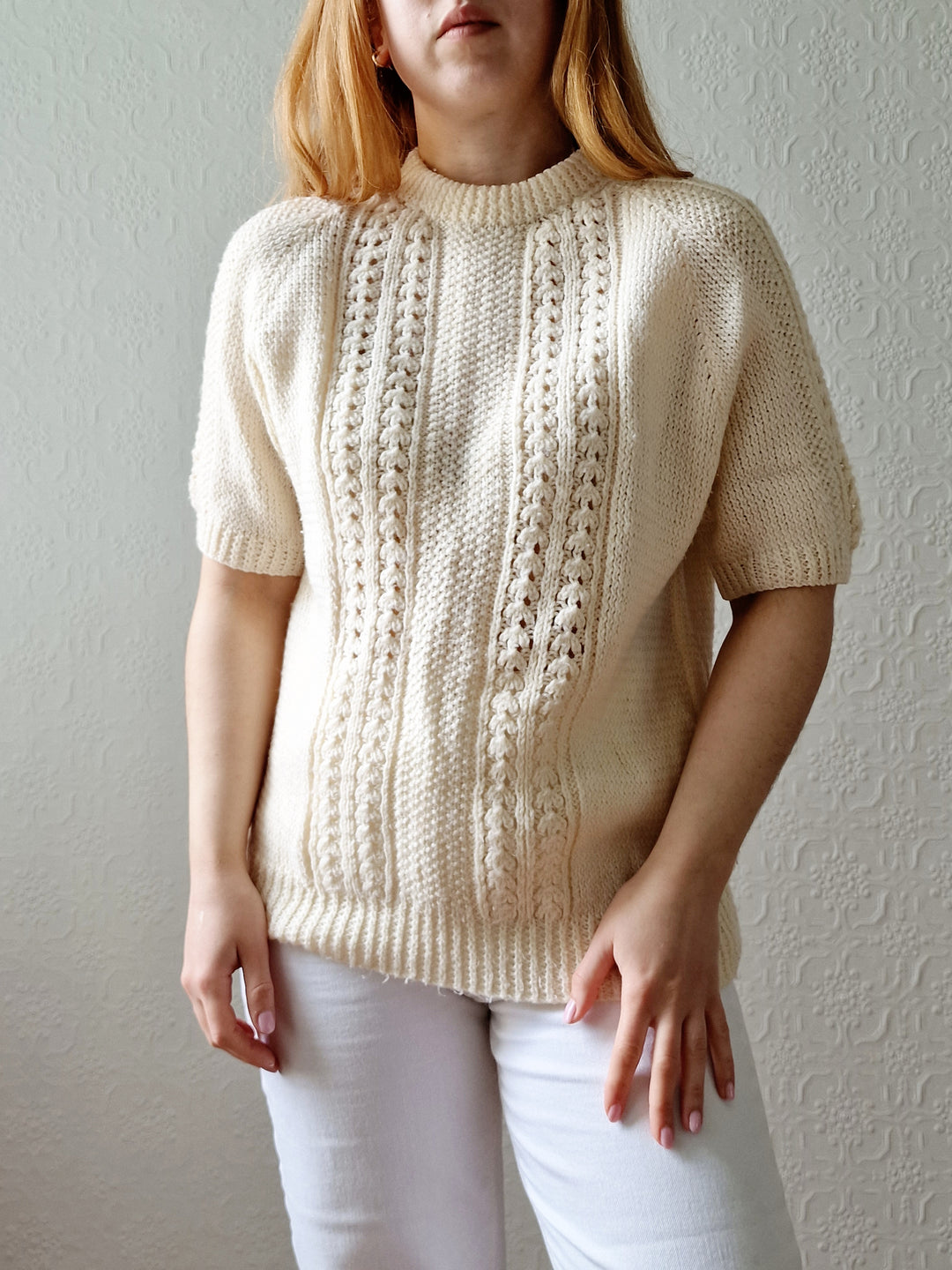 Vintage 80s Handknitted Cream Crew Neck Jumper with Half Sleeves - S