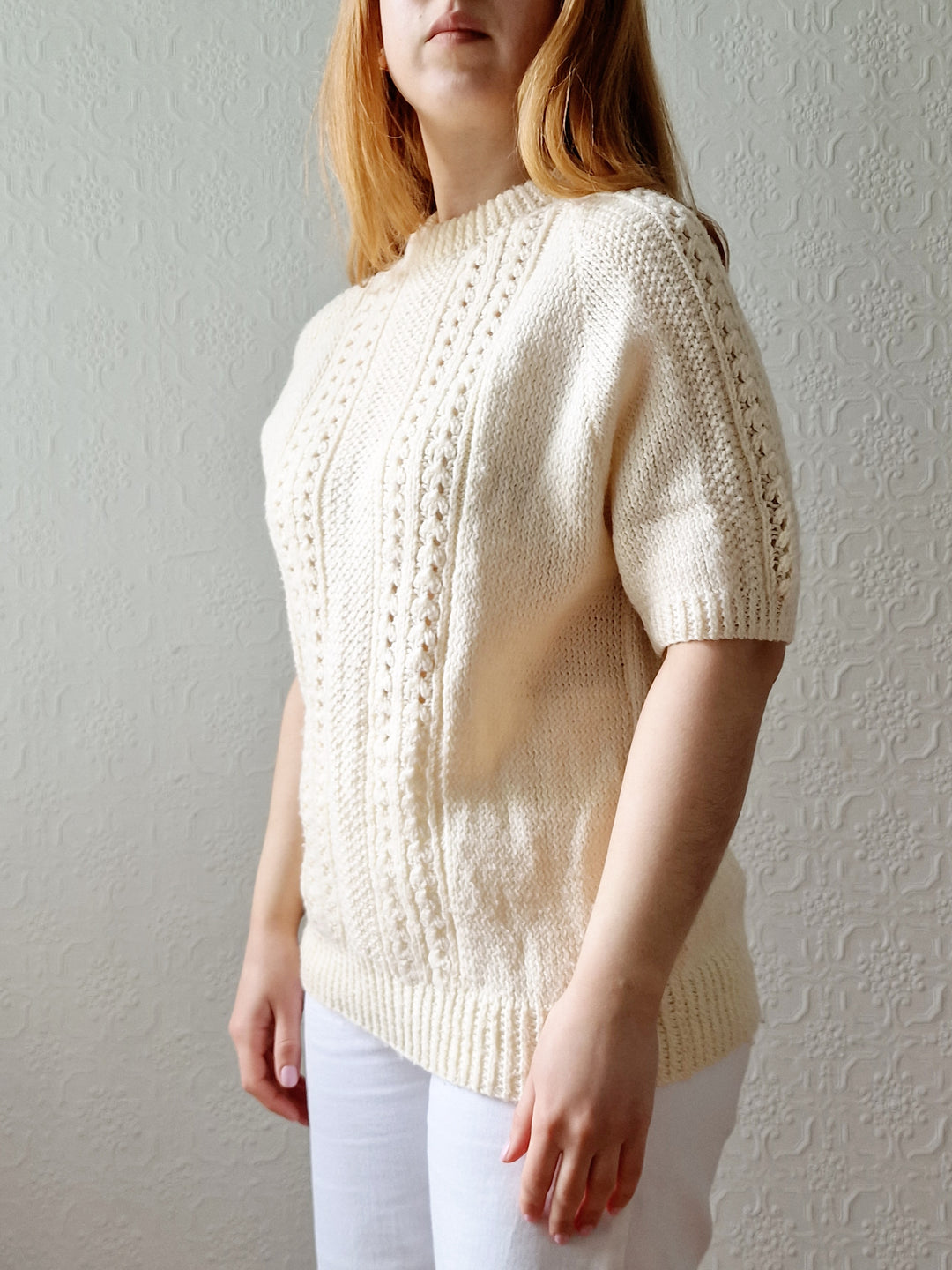 Vintage 80s Handknitted Cream Crew Neck Jumper with Half Sleeves - S