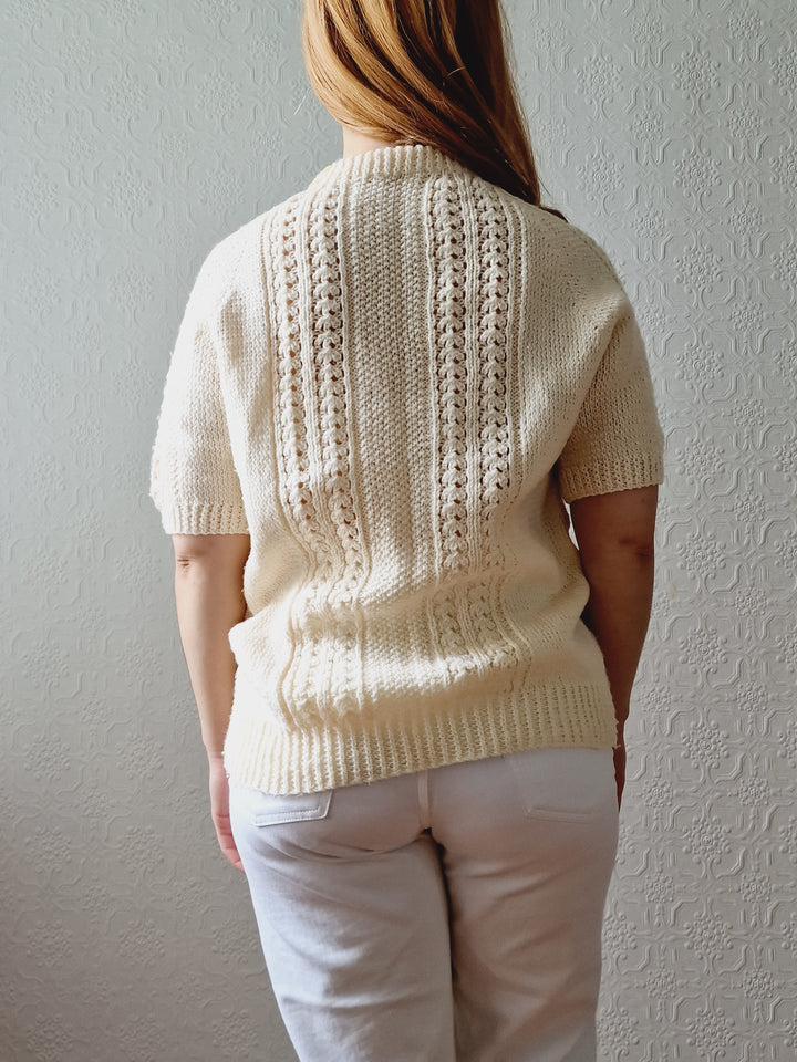 Vintage 80s Handknitted Cream Crew Neck Jumper with Half Sleeves - S