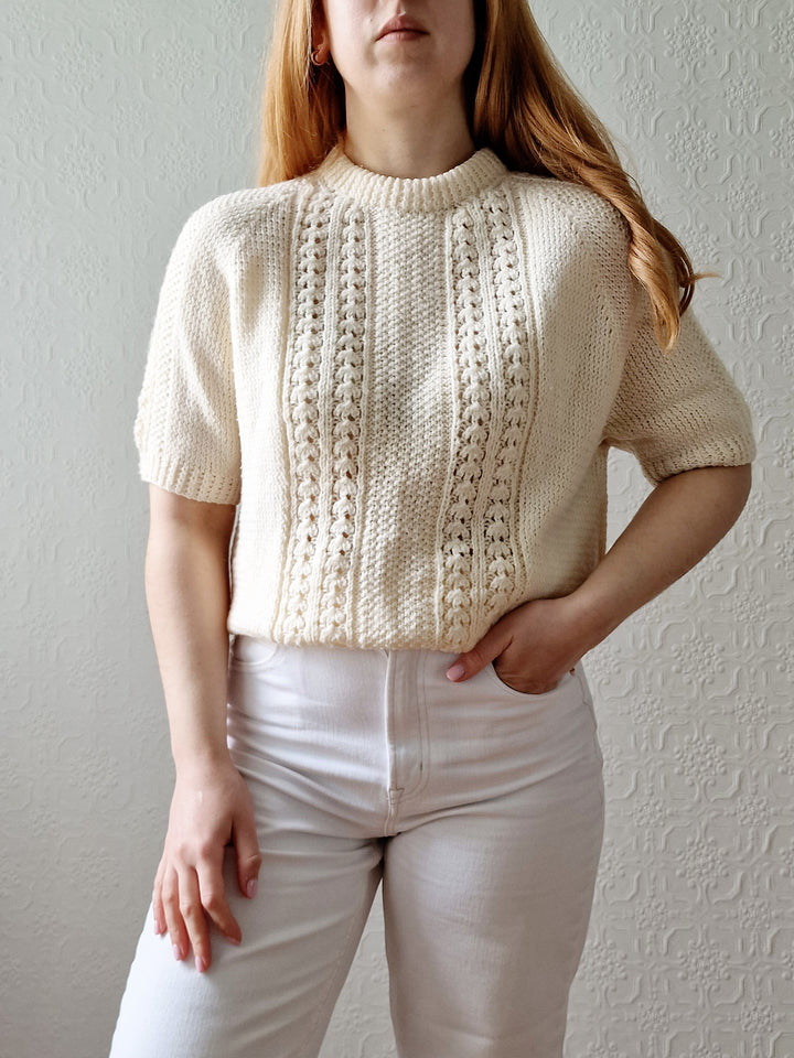 Vintage 80s Handknitted Cream Crew Neck Jumper with Half Sleeves - S