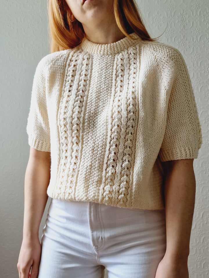 Vintage 80s Handknitted Cream Crew Neck Jumper with Half Sleeves - S