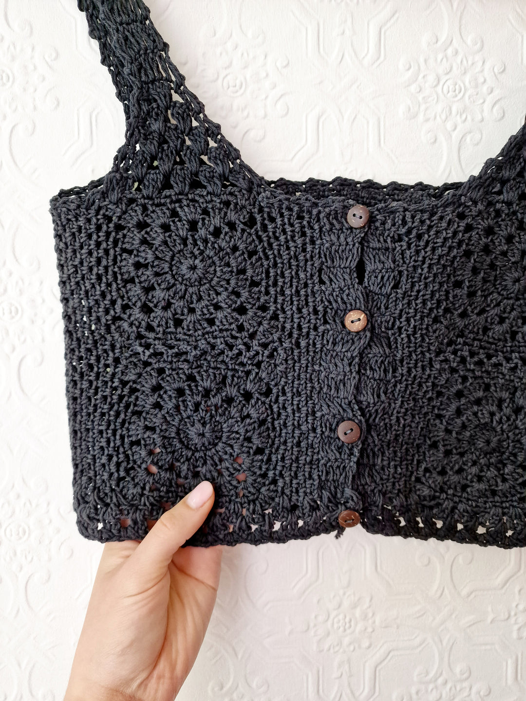 Vintage 90s Black Crochet Cropped Sleeveless Bralette Top - XS