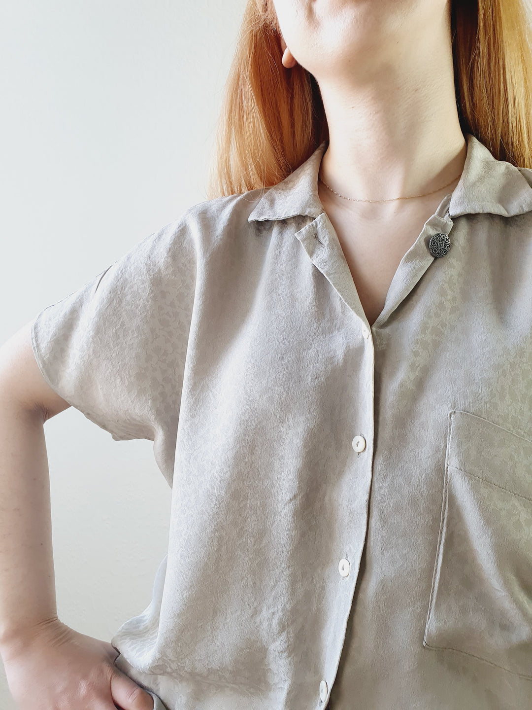 Light Grey Floral Detail Silky Top - XL