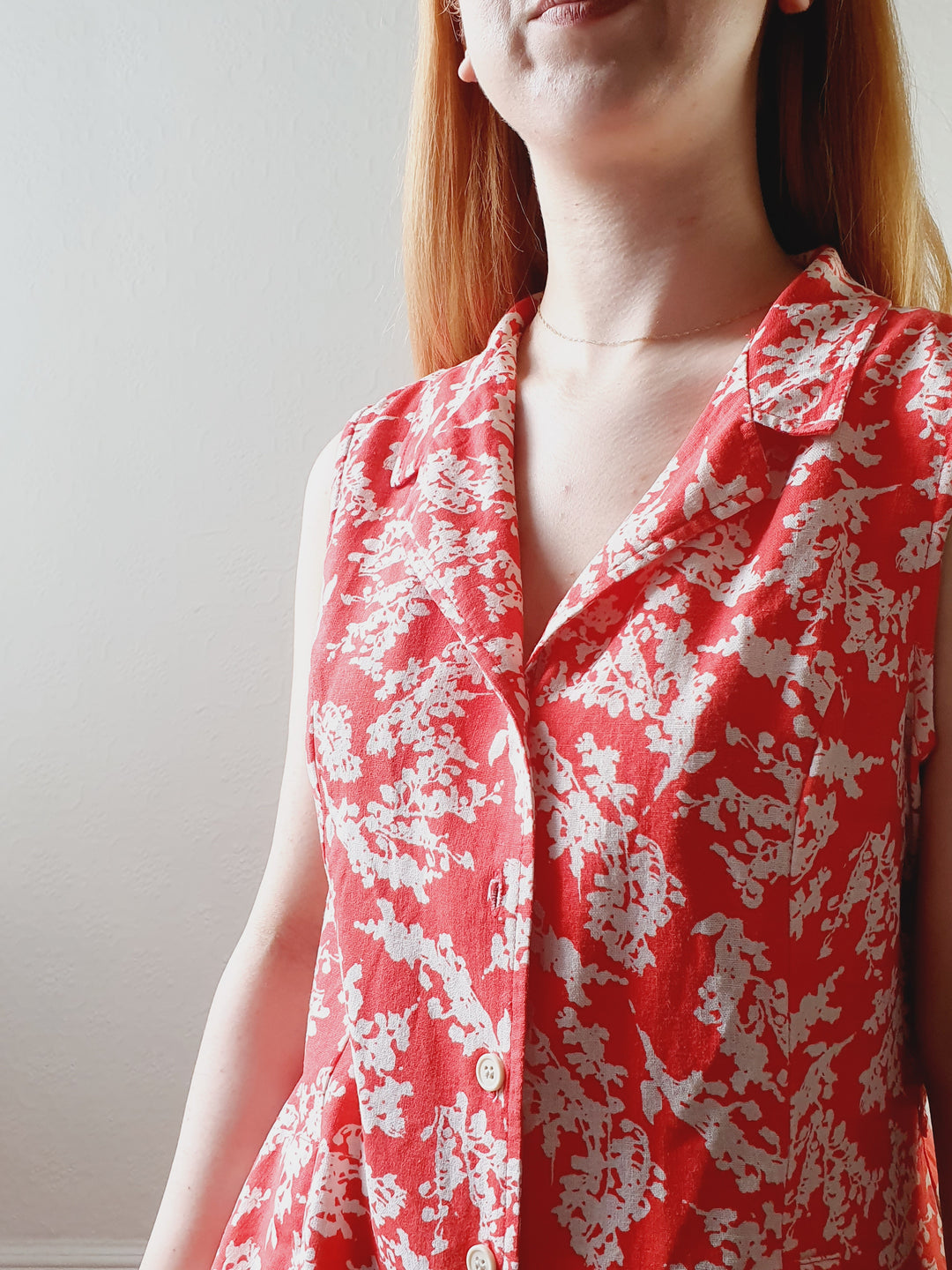 Red & White Floral Linen Dress - M