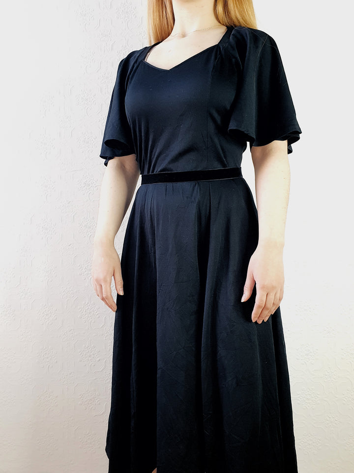 Vintage 70s Angel Sleeve Black Dress - S/M