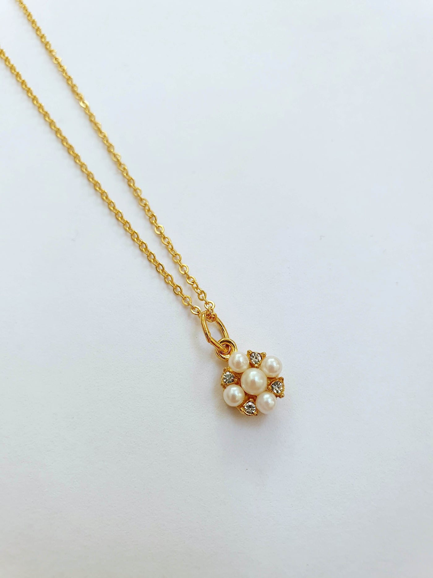 Vintage Gold Plated Fine Chain Necklace with Pearl & Crystal Charm