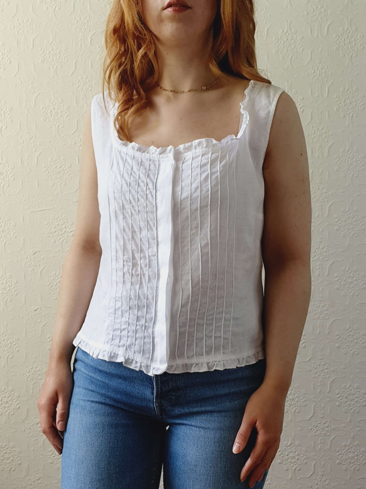 Vintage White Linen Sleeveless Top with Square Neckline - M/L