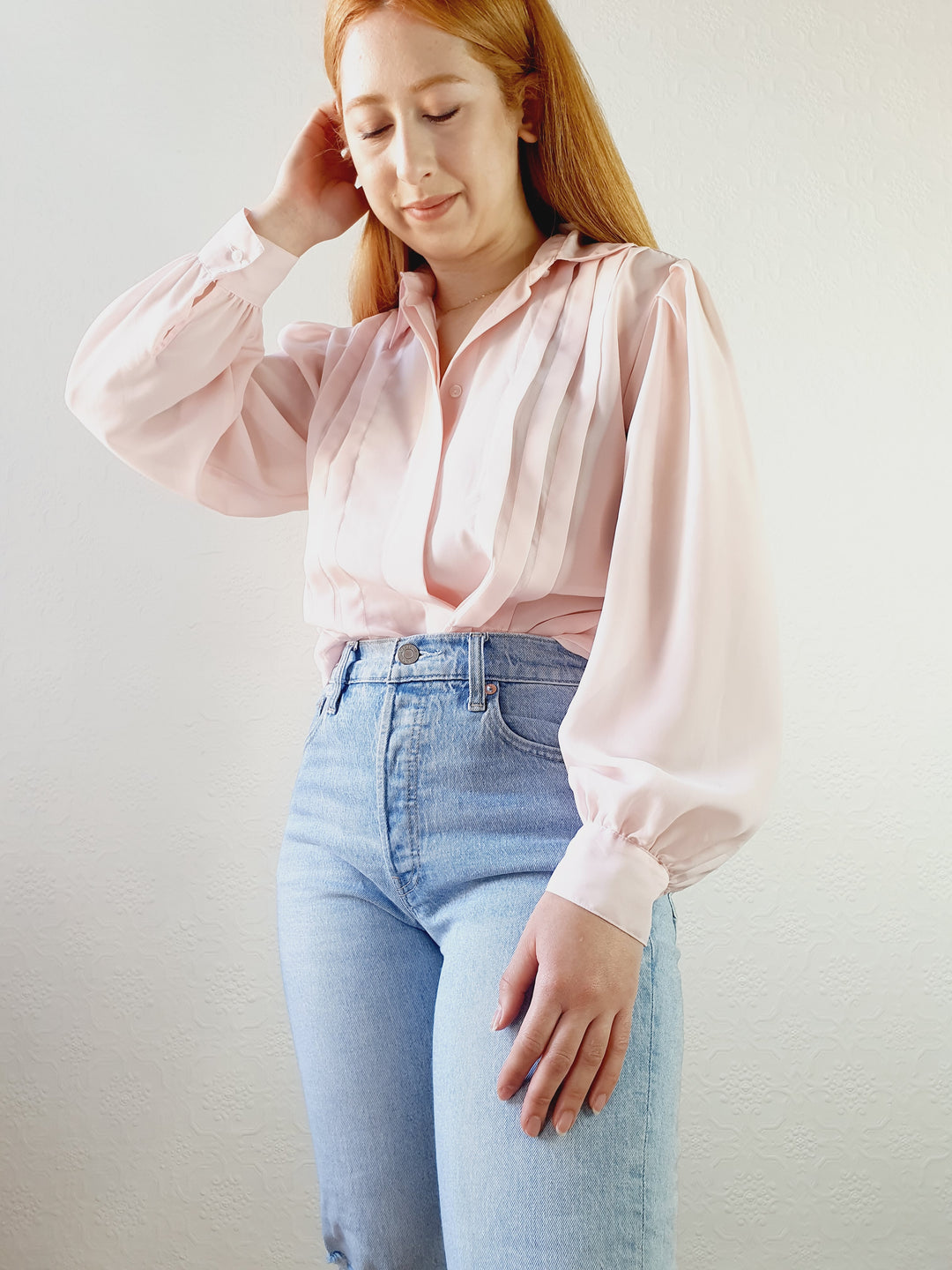 Pink Semi Sheer Blouse with Pleated Detail - M