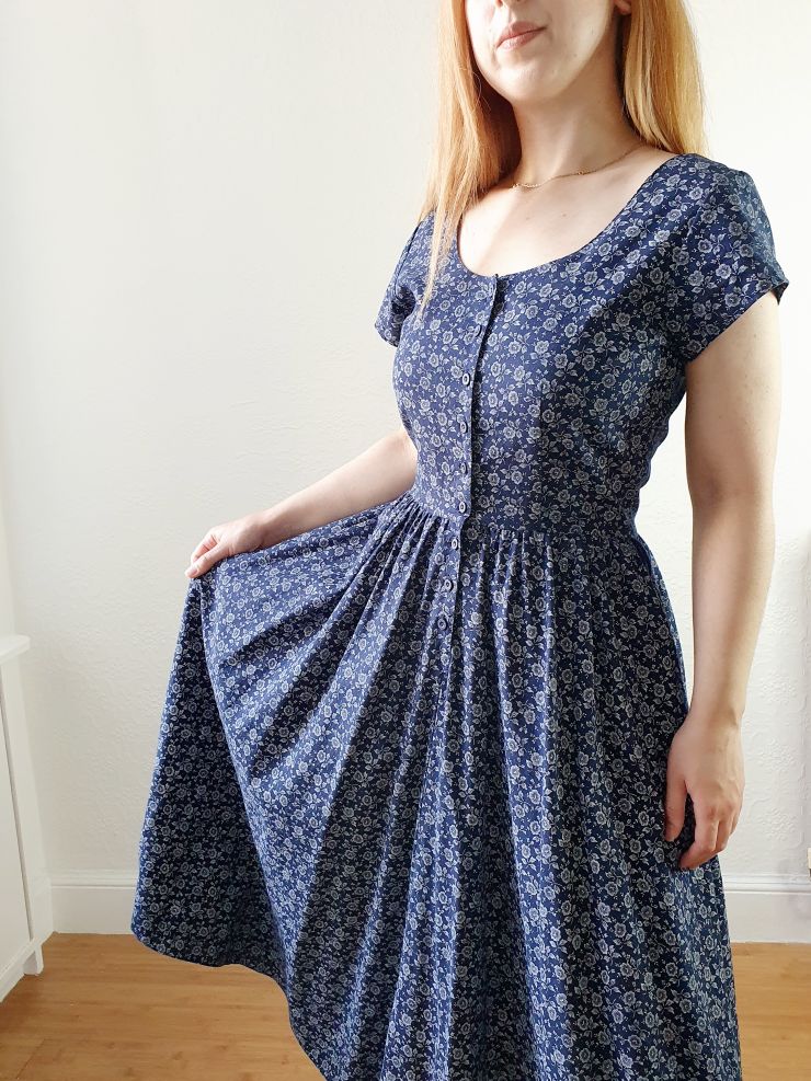 Vintage Navy Ditsy Floral Print Dress - S