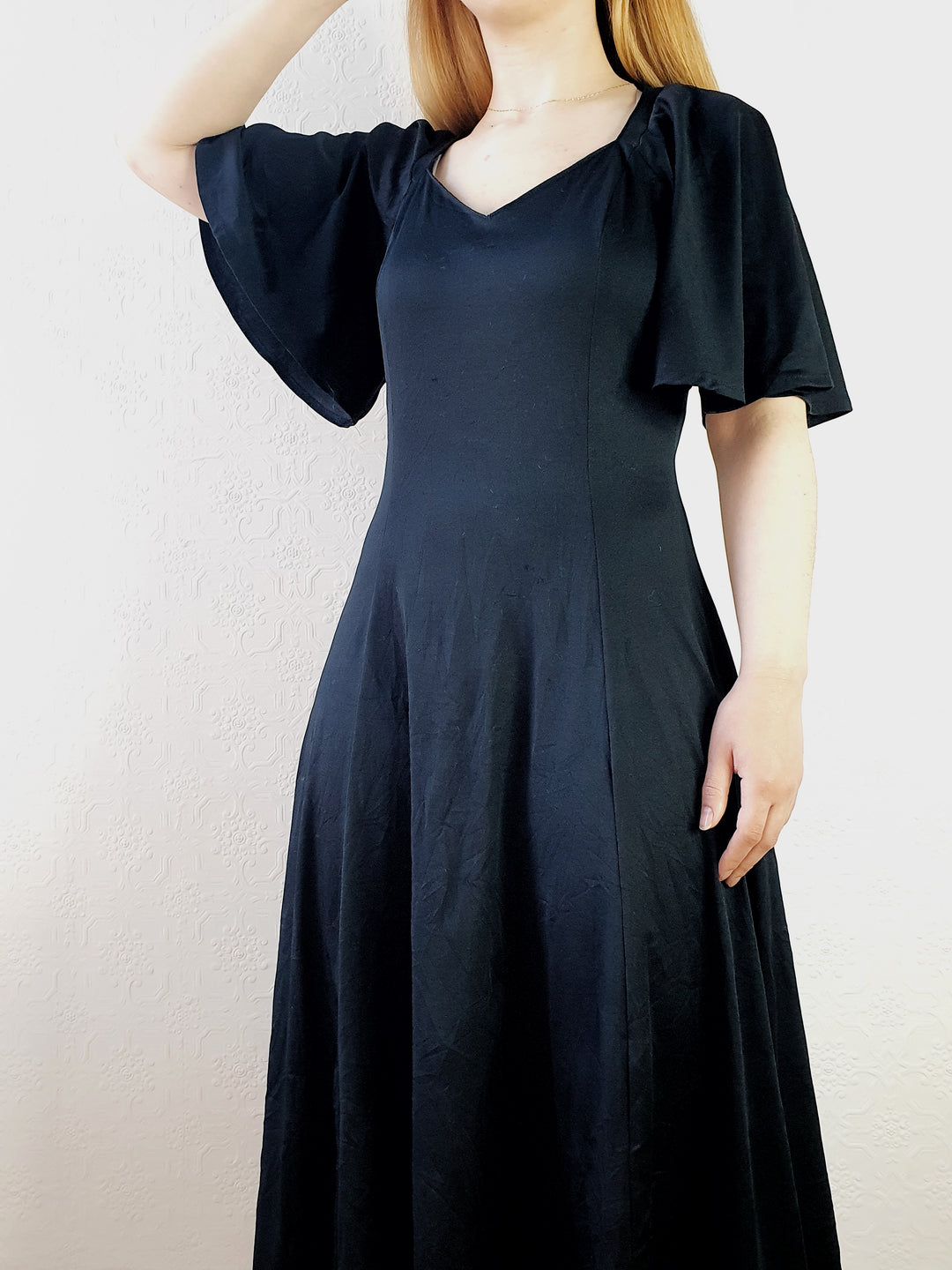 Vintage 70s Angel Sleeve Black Dress - S/M