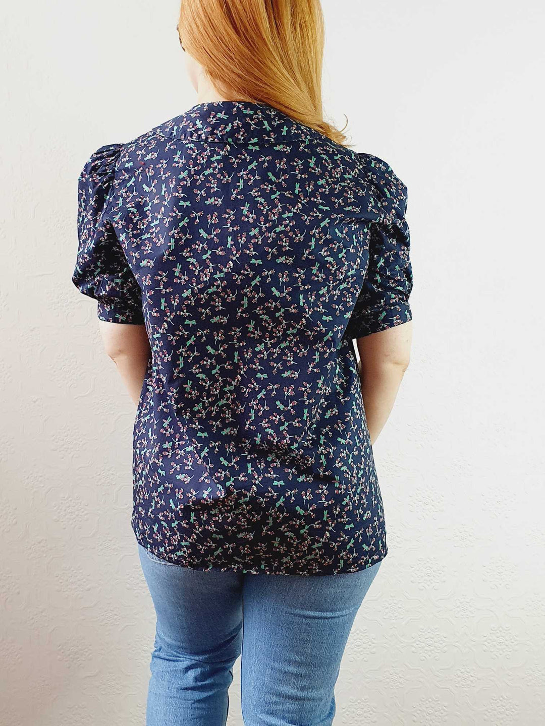 Vintage Navy Floral Puff Sleeve Cotton Blouse - S/M