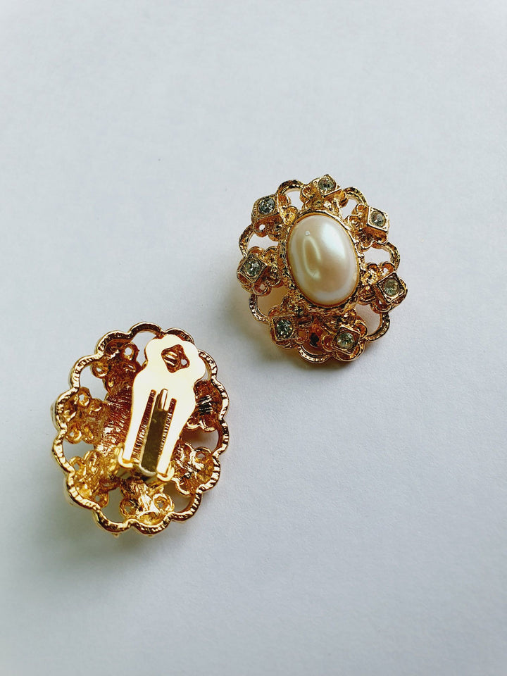 Vintage Gold Plated Clip On Pearl Earrings