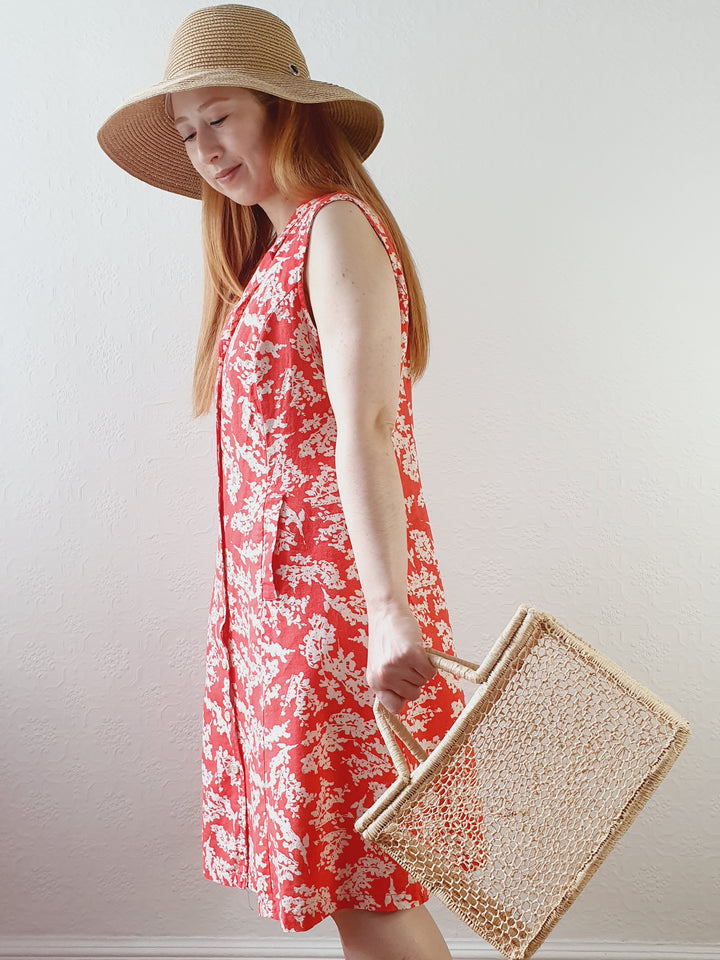 Red & White Floral Linen Dress - M