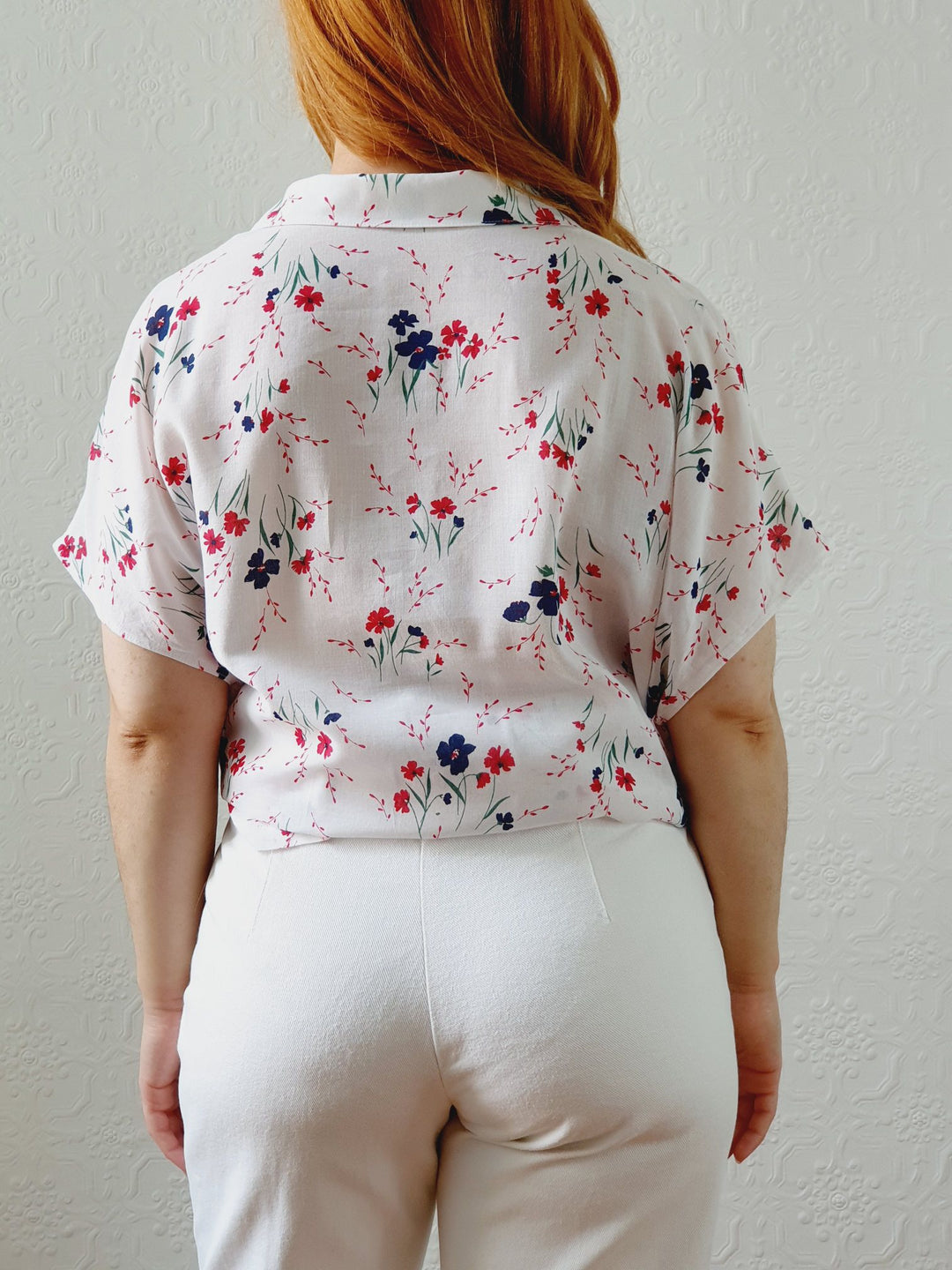 Vintage 80s White Cap Sleeve Floral Blouse - XL/XXL