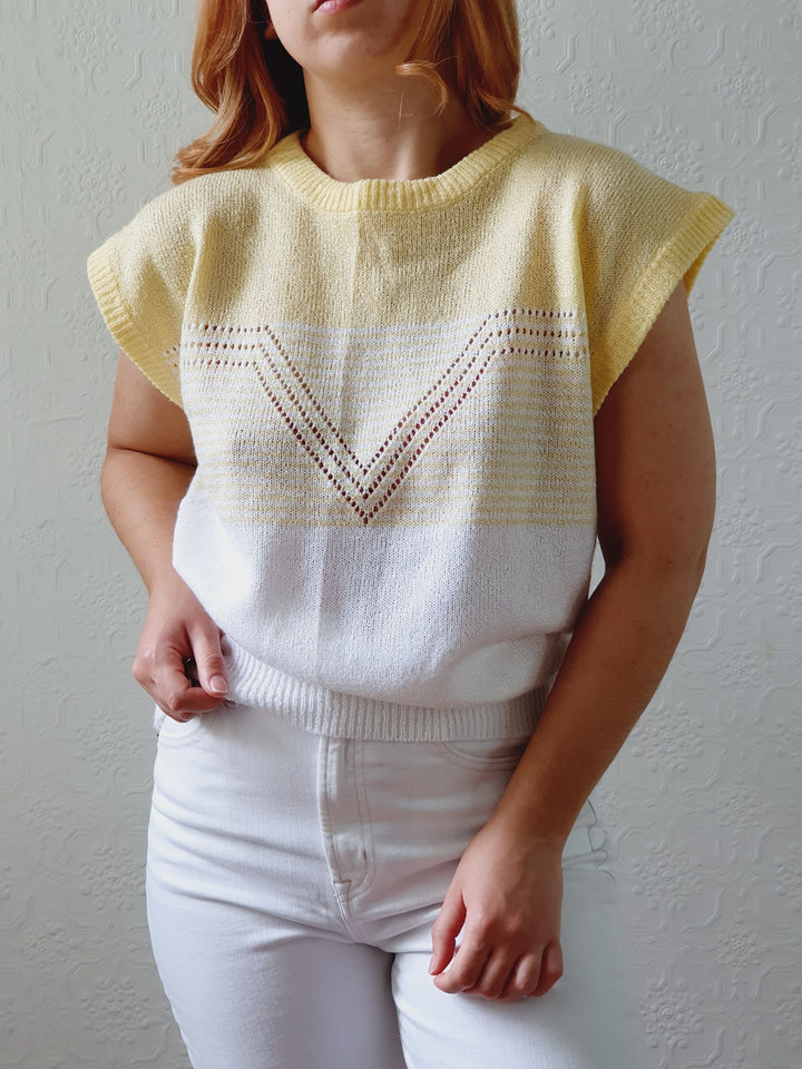 Vintage 70s White & Yellow Knitted Vest - M/L