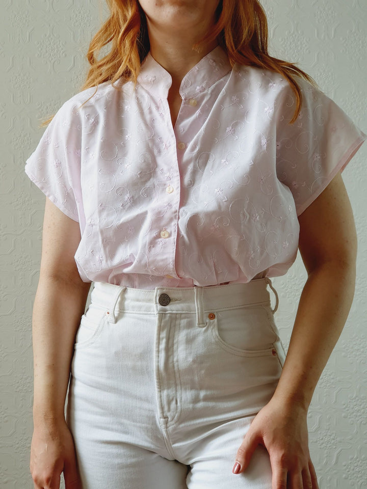 Vintage 80s Pale Pink Broderie Anglaise Blouse - S