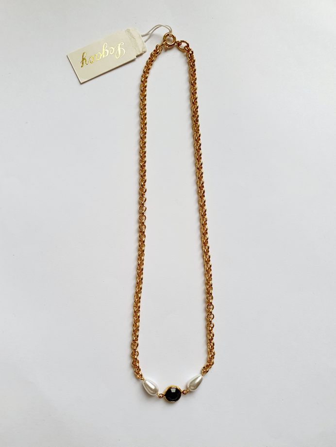 Vintage Gold Plated Chain Necklace with Pearls & Black Crystal