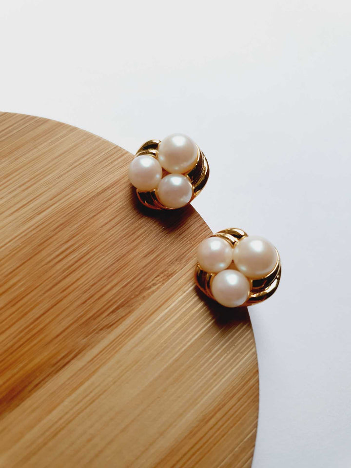 Vintage Gold Plated Triple Pearl Stud Earrings