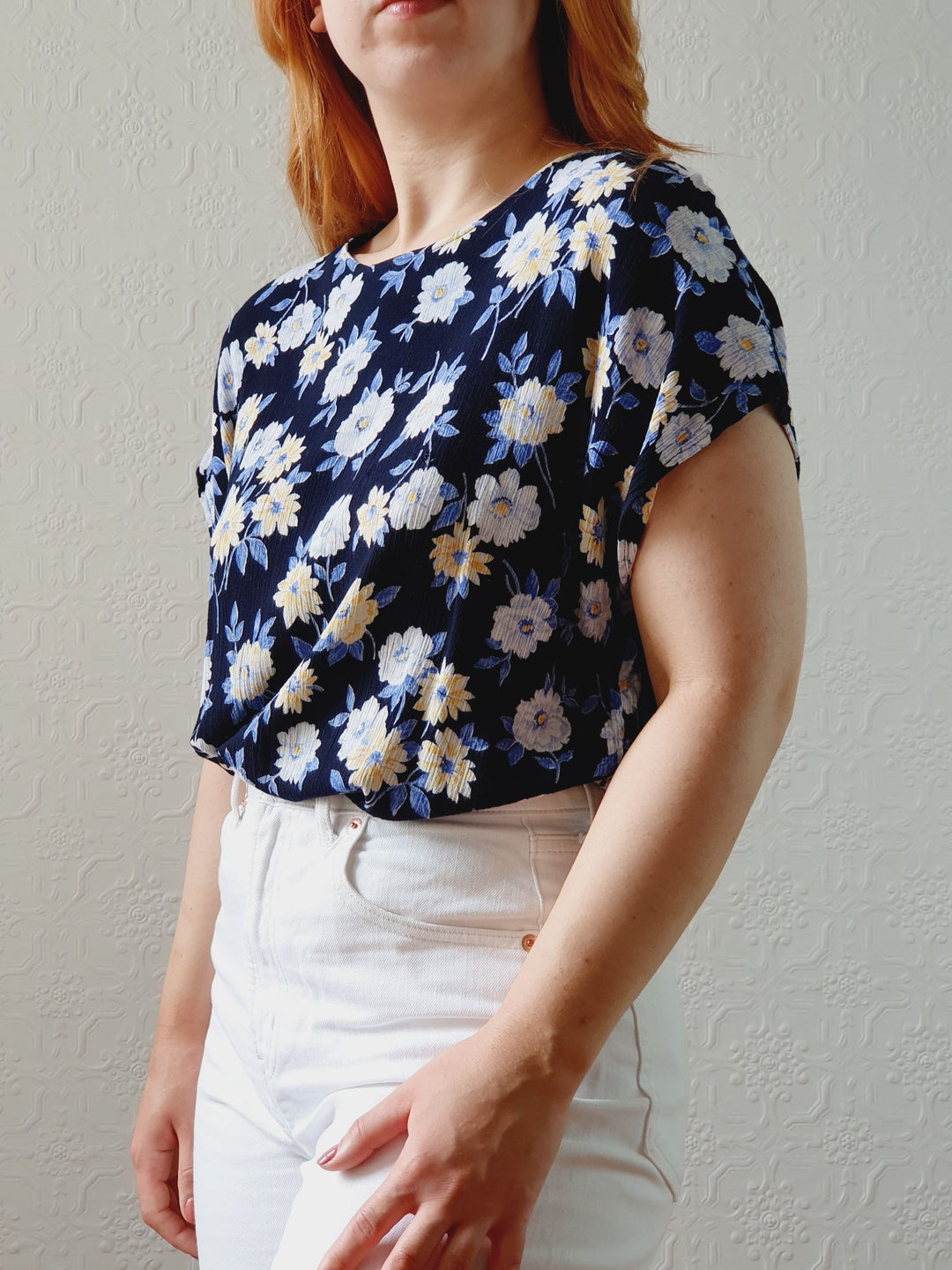 Vintage 90s Navy Floral Blouse - S/M