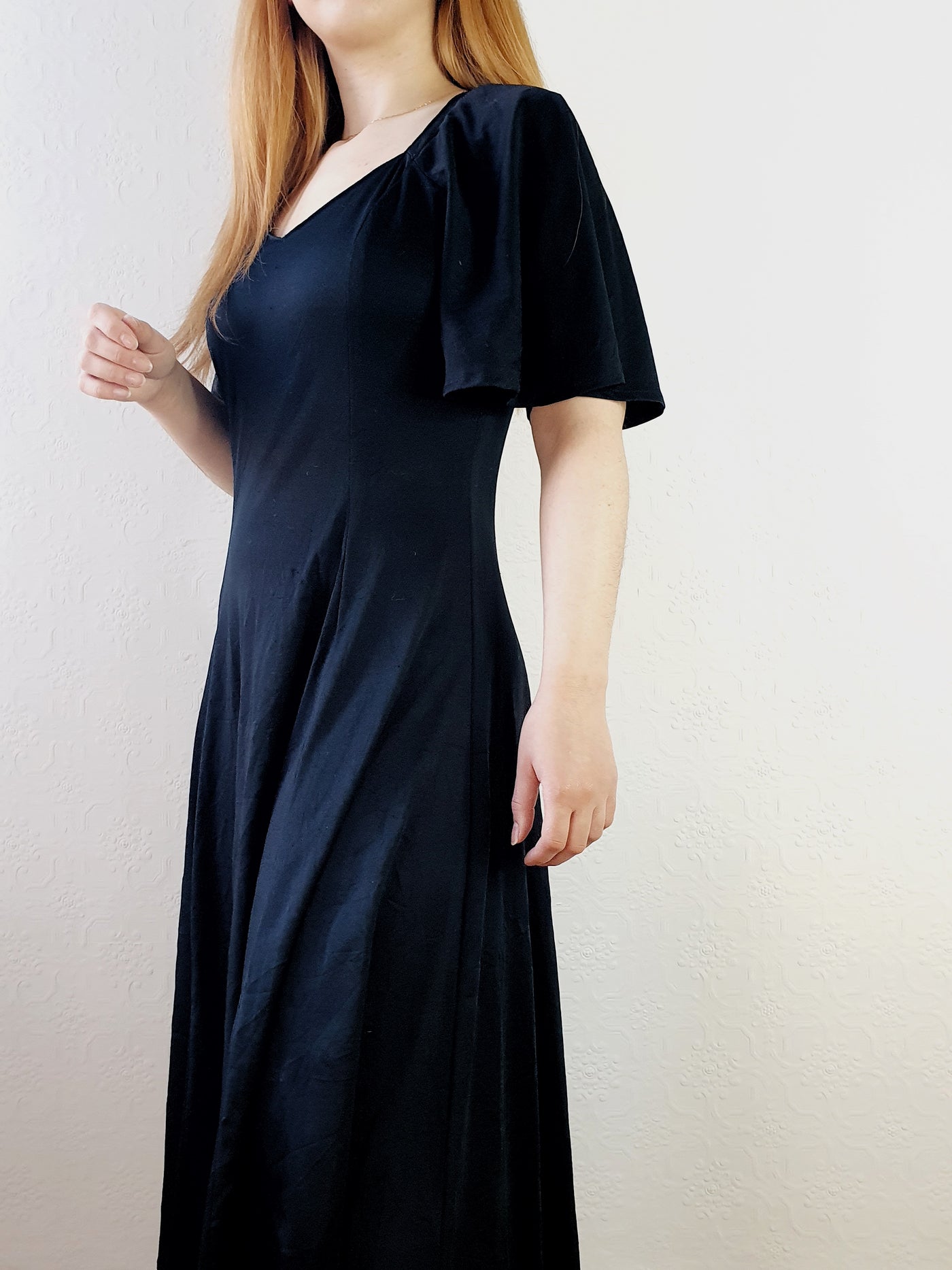 Vintage 70s Angel Sleeve Black Dress - S/M