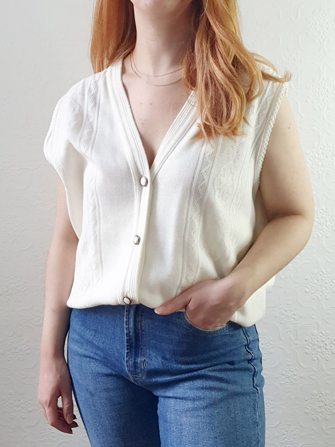 Vintage V-Neck Ivory Vest - L