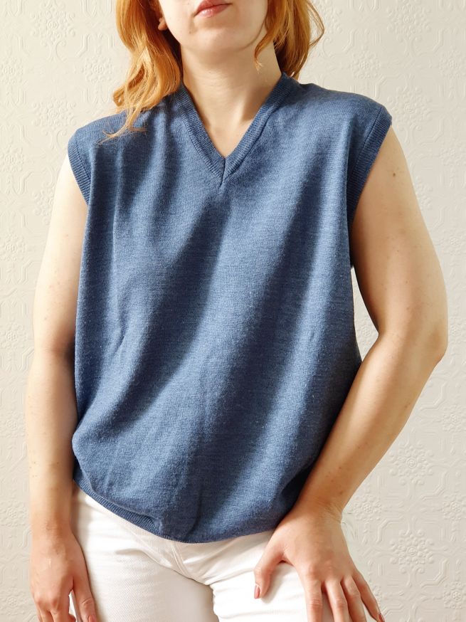 Vintage Muted Blue Wool V-Neck Vest - L