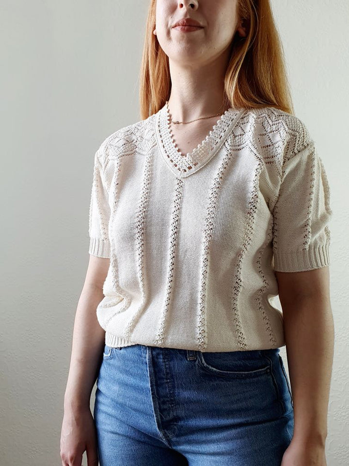 Vintage Crochet Detail Short Sleeve Jumper - M