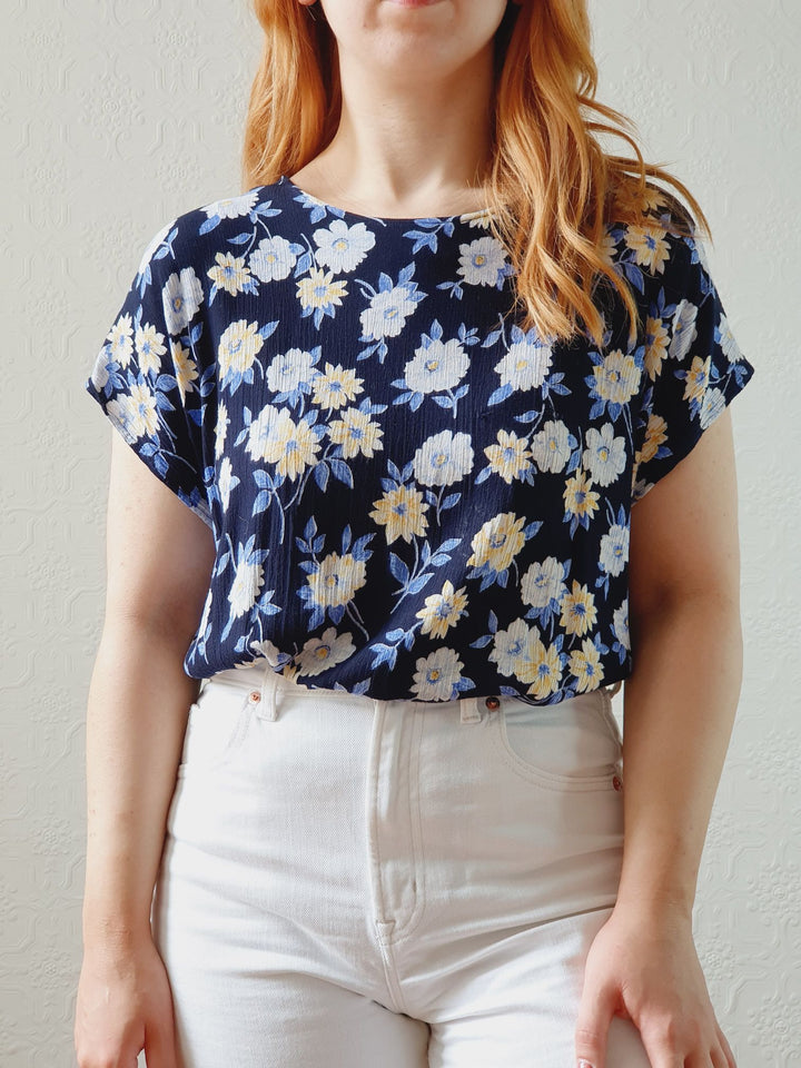 Vintage 90s Navy Floral Blouse - S/M