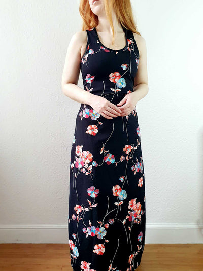 Vintage Handmade 90s Black Floral Sleeveless Maxi Slip Dress - XS/S