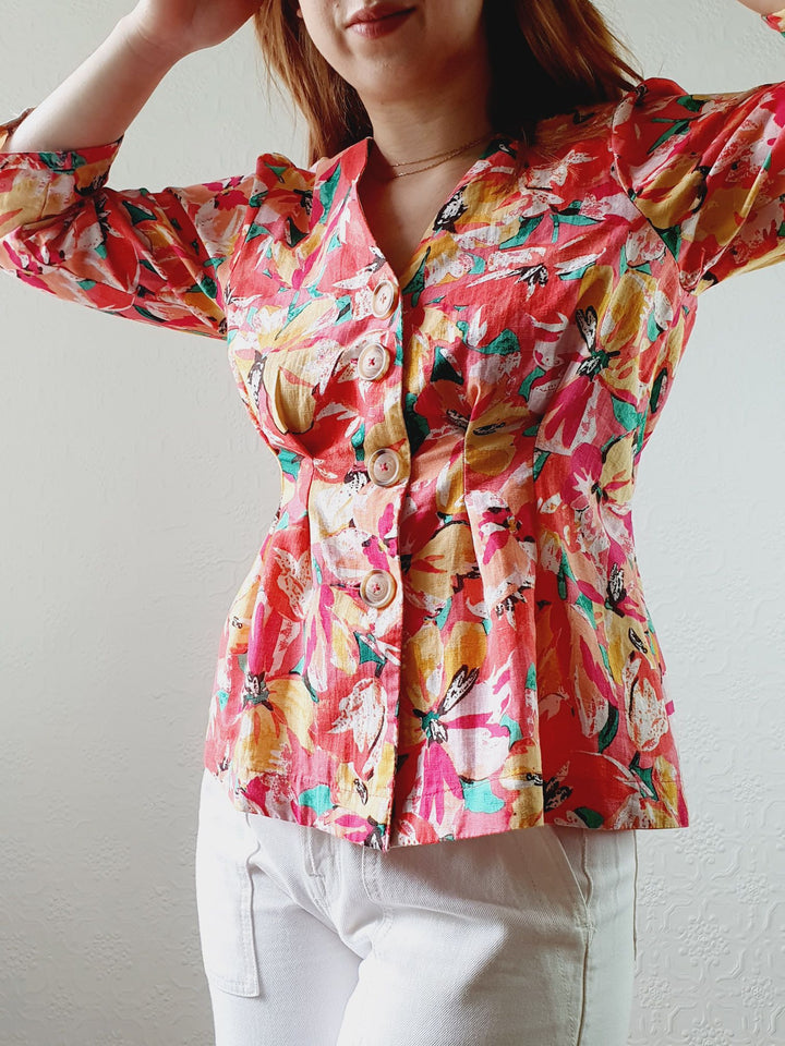 V-Neck Pink Floral Linen Blouse - S