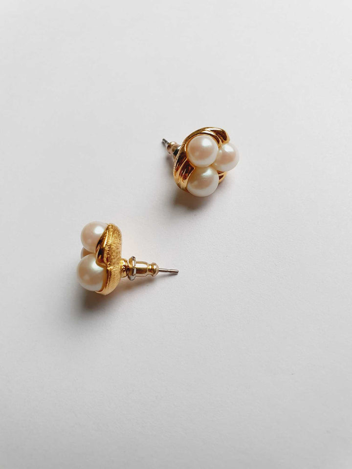 Vintage Gold Plated Triple Pearl Stud Earrings