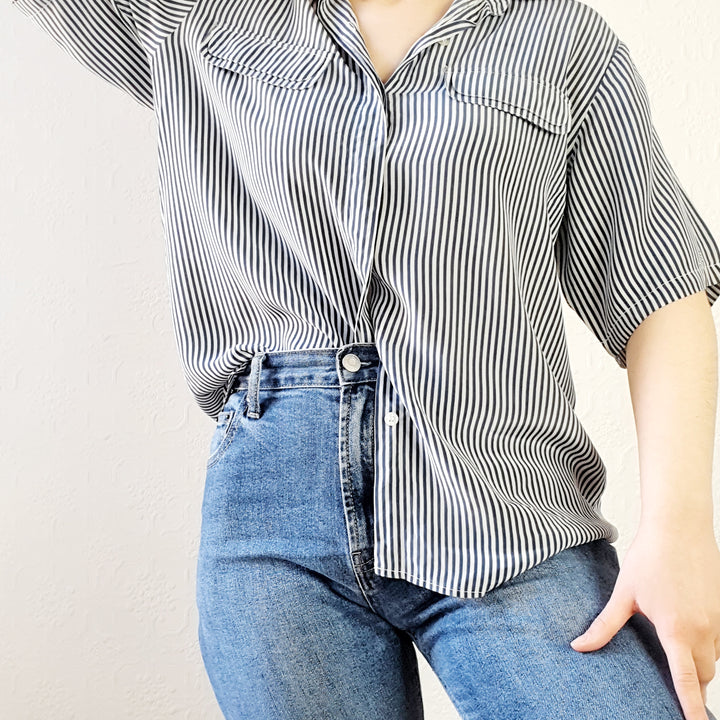 Pure Silk Striped Blouse - L