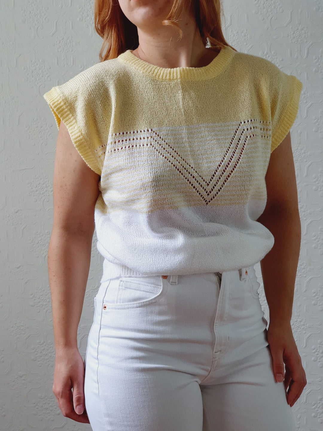 Vintage 70s White & Yellow Knitted Vest - M/L