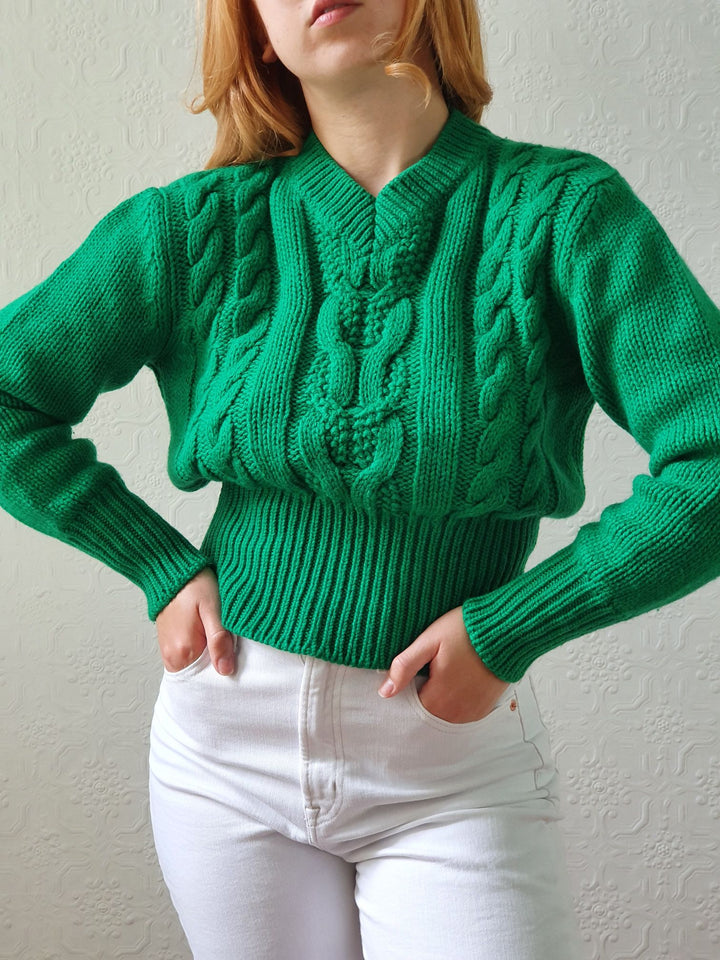 Vintage V-Neck Wool Green Aran Jumper - S