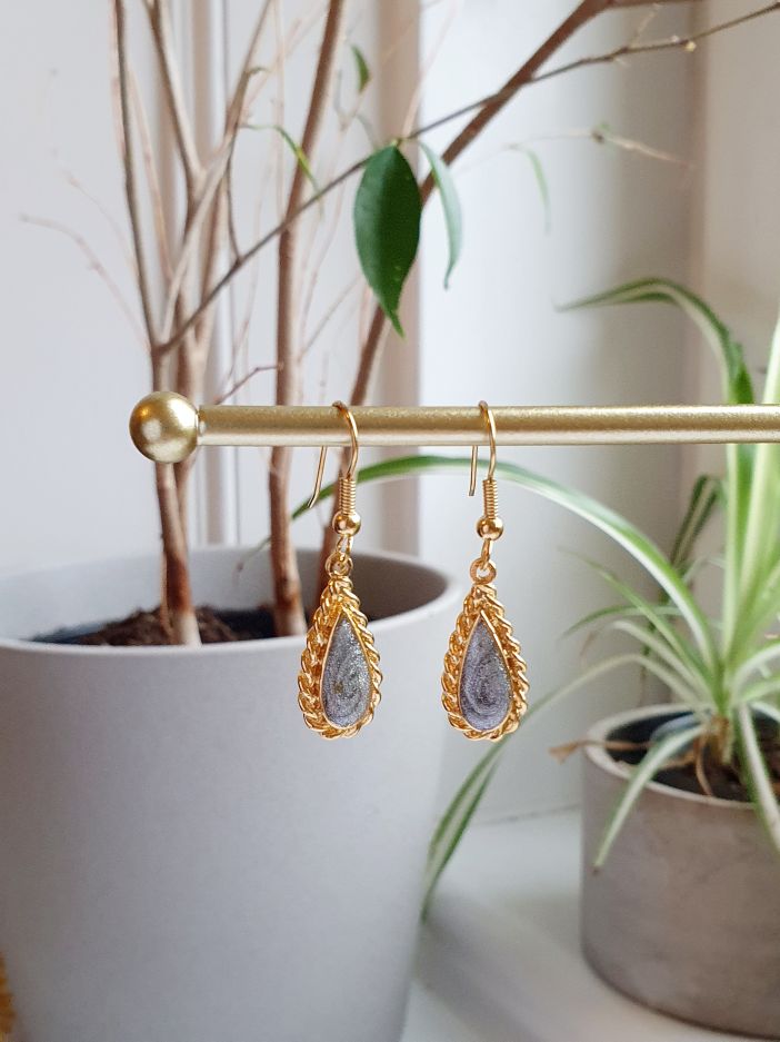 Vintage Gold Plated Grey Enamel Drop Earrings