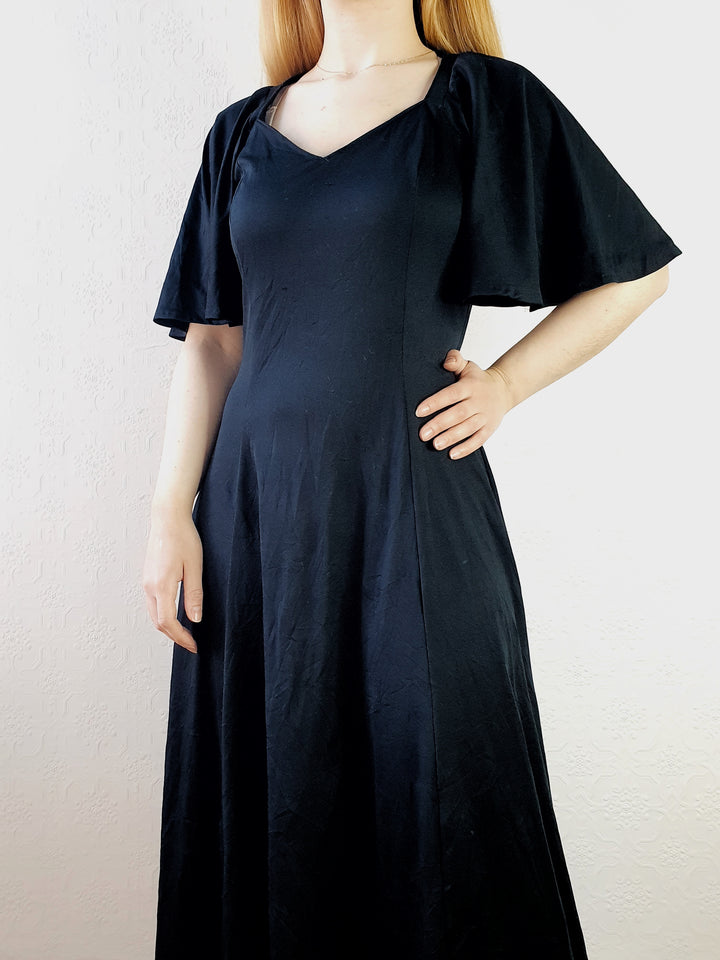 Vintage 70s Angel Sleeve Black Dress - S/M