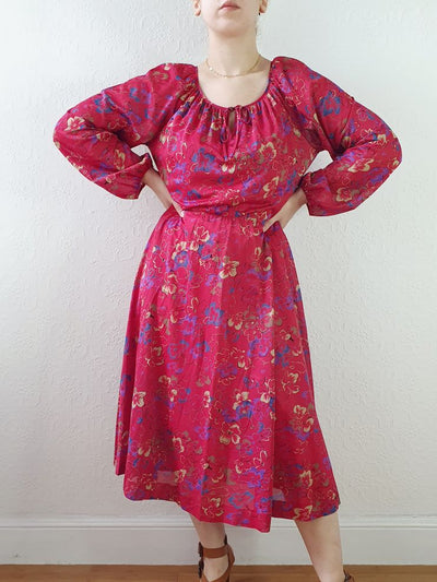Vintage 80s Red Floral Dress with Long Balloon Sleeves - M