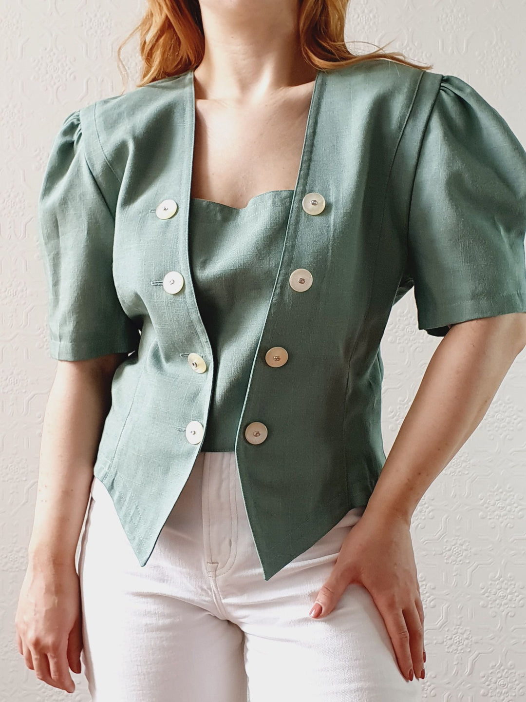 Vintage 80s Muted Green Puff Sleeve Blouse with Square Neckline - M