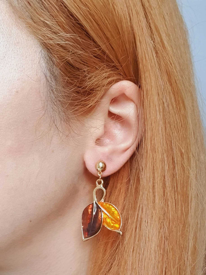 Vintage Gold Toned Enamel Leaf Earrings