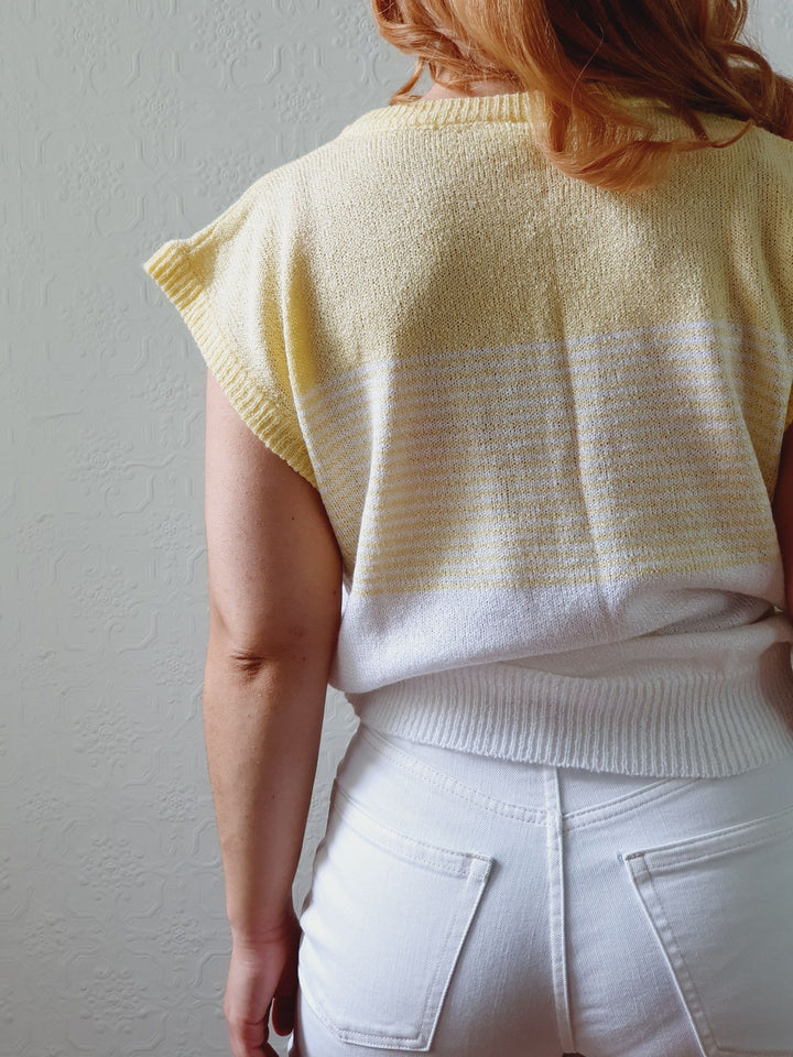 Vintage 70s White & Yellow Knitted Vest - M/L