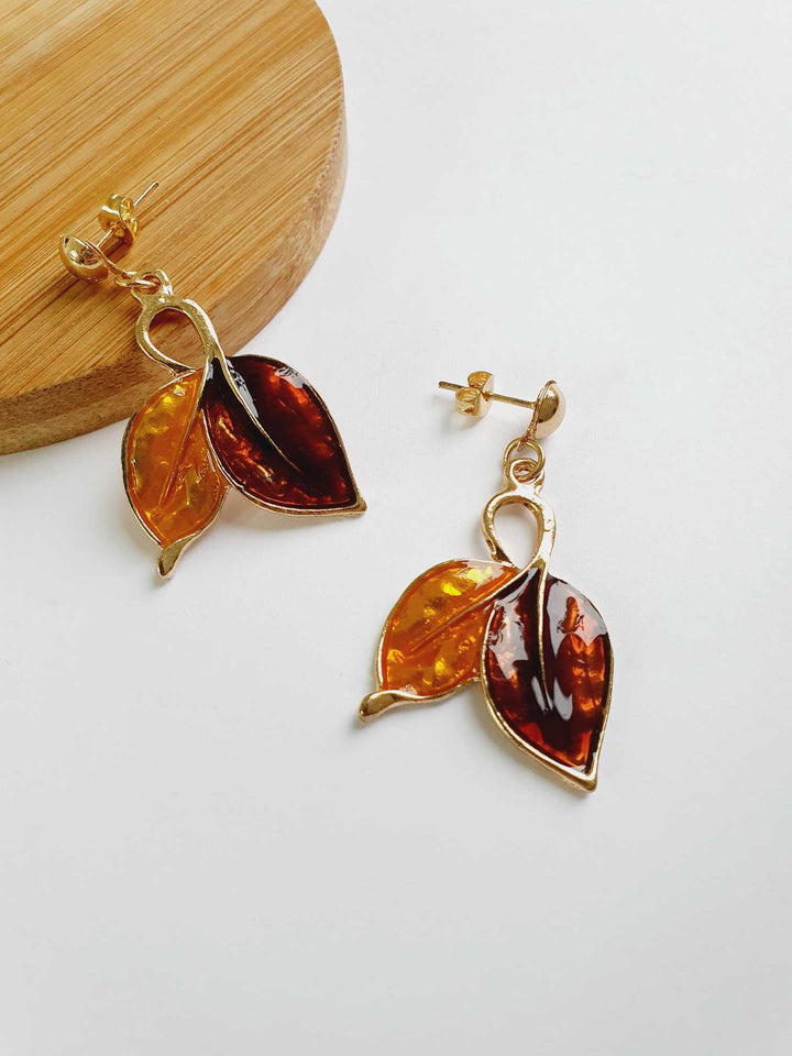 Vintage Gold Toned Enamel Leaf Earrings