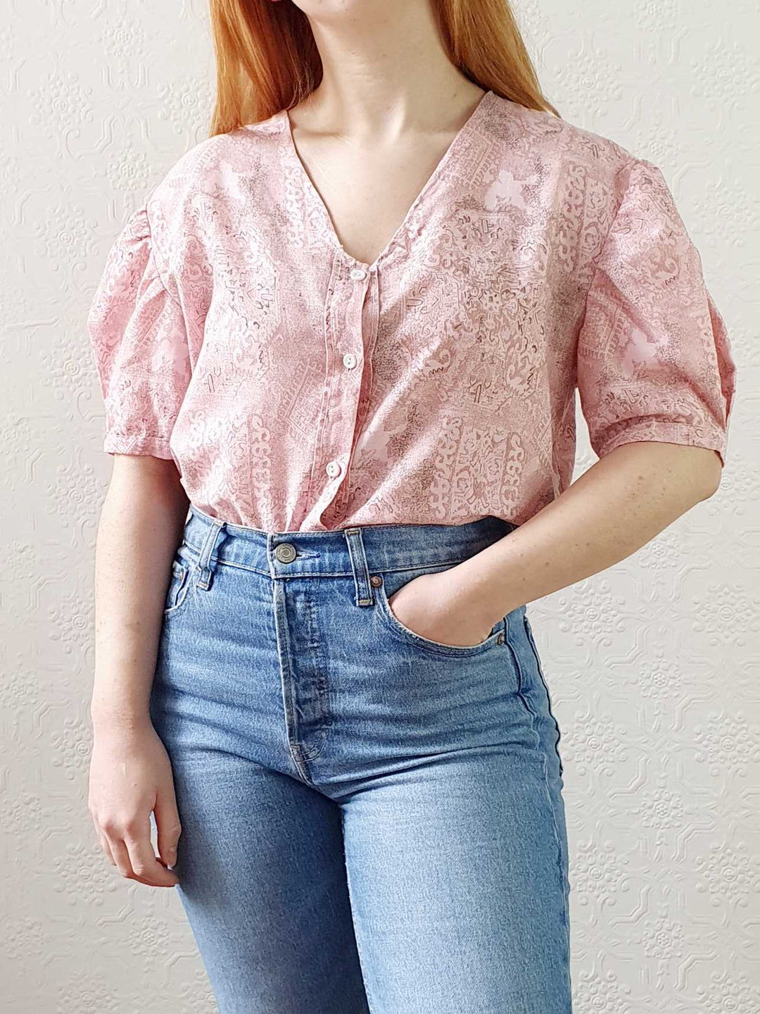 Vintage Pink Puff Sleeve V-Neck Blouse - M/L