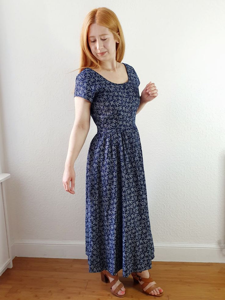 Vintage Navy Ditsy Floral Print Dress - S