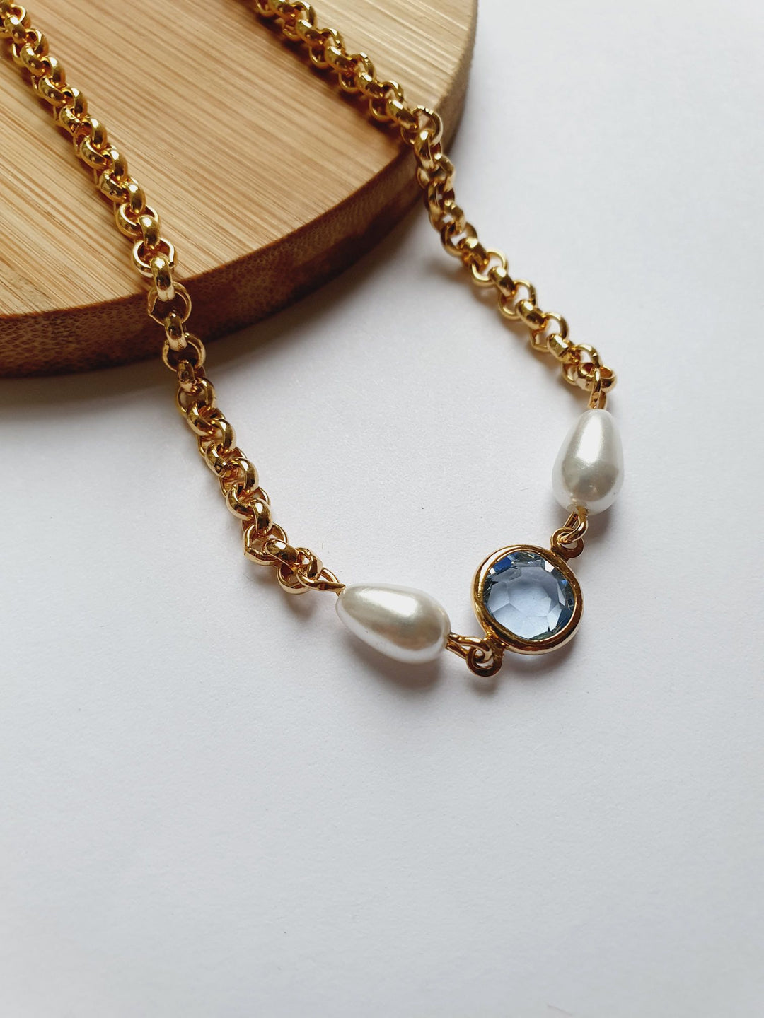 Vintage Gold Plated Chain Necklace with Pearls & Blue Crystal